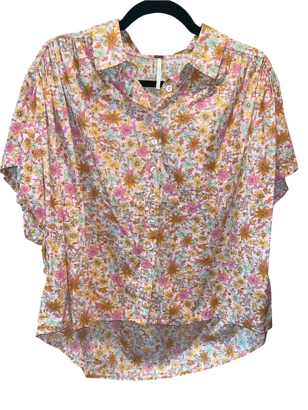 Free People Floral Short-Sleeve Button-Down in Pink & Yellow